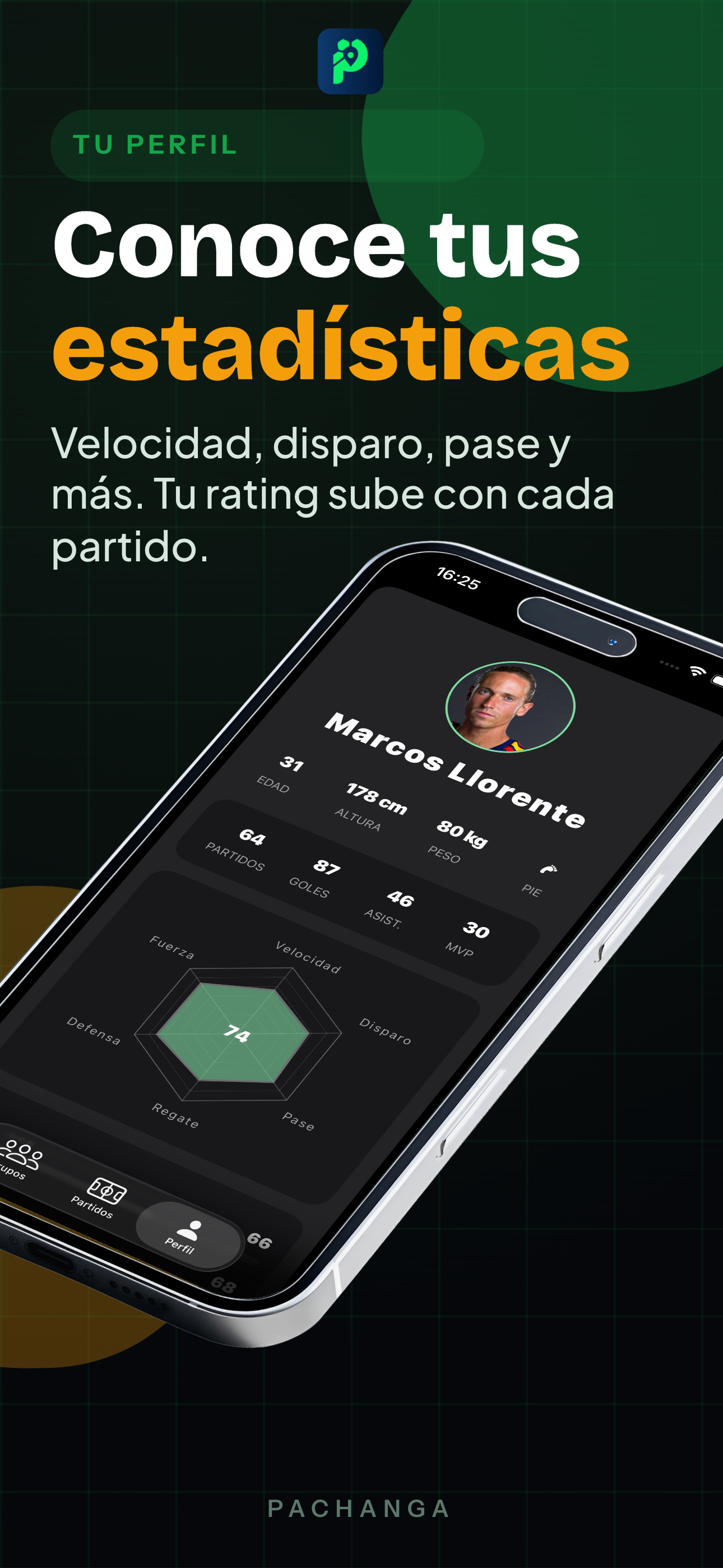 Perfil del jugador con estadísticas y atributos