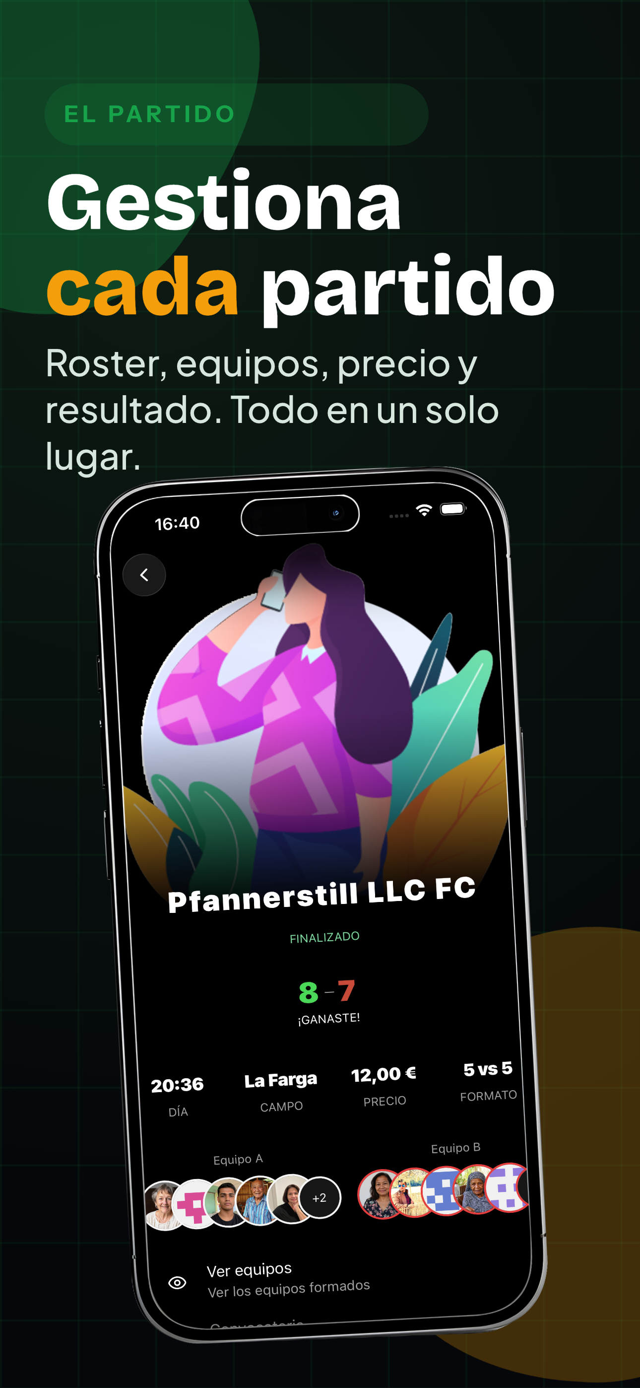 Detalle del partido con convocatoria y marcador