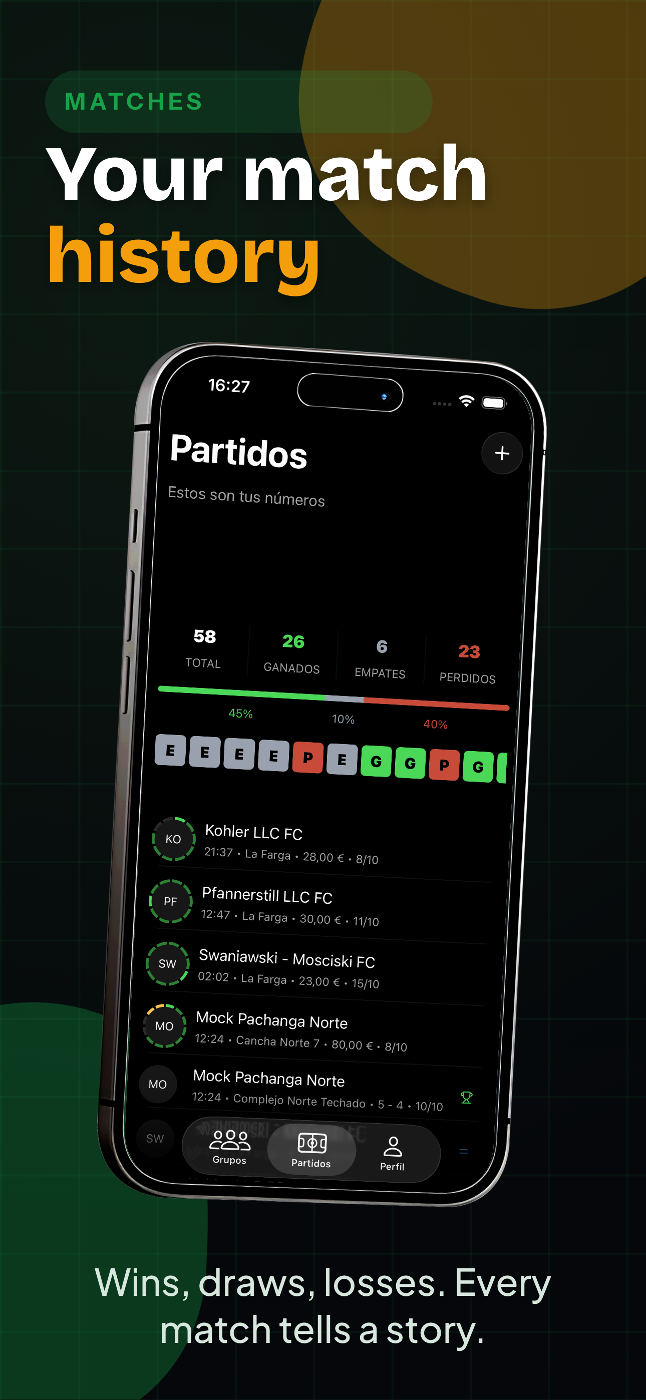 Match history — wins, draws, and losses